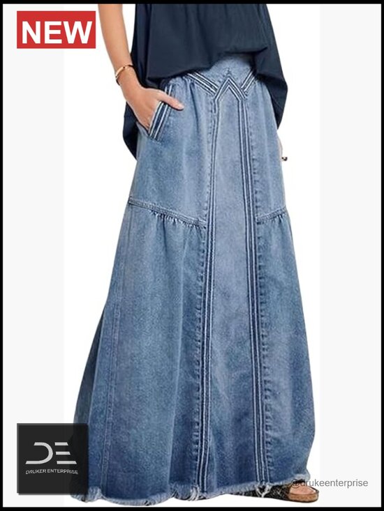 Dresses & Skirts - Retro Elastic High Waist Frayed A-Line Maxi Denim Skirt with Pockets